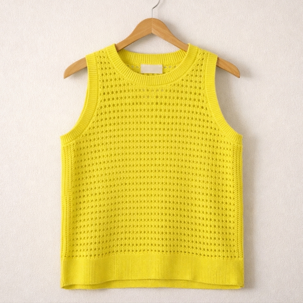 Varley Yellow Open Knit Cotton Sweater Vest Sleeveless Athleisure Top Small
